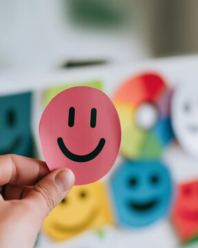 Smiley Face of Joy: A hand holds up a bright pink smiley face sticker, surrounded by a spectrum of colorful happy faces, symbolizing positivity and good mood.