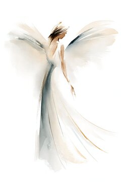 Minimalist watercolor painting of an elegant angel with soft spreading wings