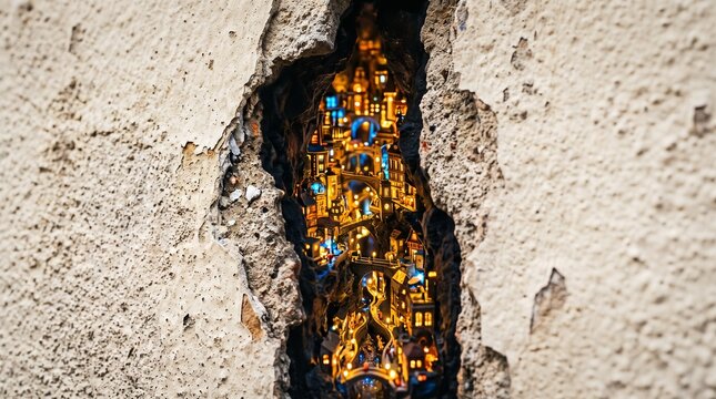detailed Macro photo of crack revealing glowing city 2k showing abstract micro structural details and textures with professional studio lighting