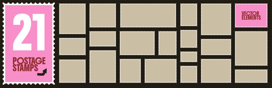 Frame and stamp set with uneven serrated rectangles and callout forms. Warm beige stamp shapes label. Craft vector frame collection for notebook cover design. Text box simple kit for promo tag design