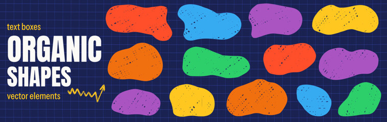 Naklejka premium Crayon organic shapes with squishy abstract blobs and irregular doodle spots. Hand drawn freeform amoeba shape set with brush splodge marks for school poster. Vector crayon blob elements on navy grid