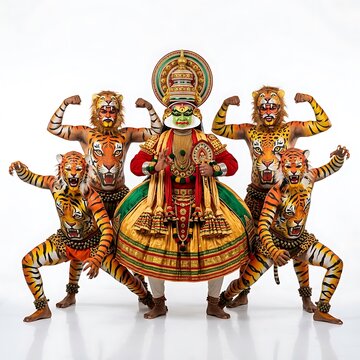 Group of traditional indian artists posing in pulikali tiger dance and kathakali attire with body paint group portrait cultural heritage white background pulikali