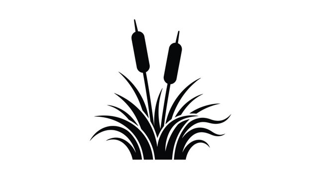 Black silhouette cattail plants growing in tall wild grass featuring a clean minimalist vector design