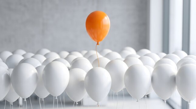 Stand out from the crowd concept showing single orange balloon rising above white balloons representing competitive advantage