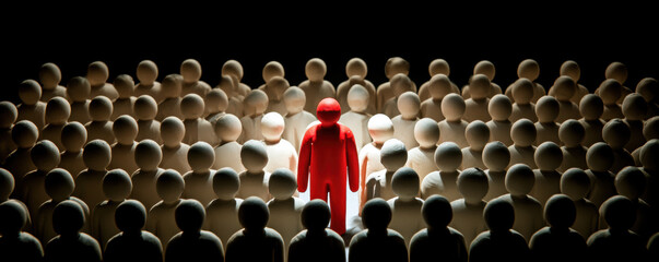 Fototapeta premium Standing out concept with red figure among many white figures in dark background, symbolizing uniqueness and leadership