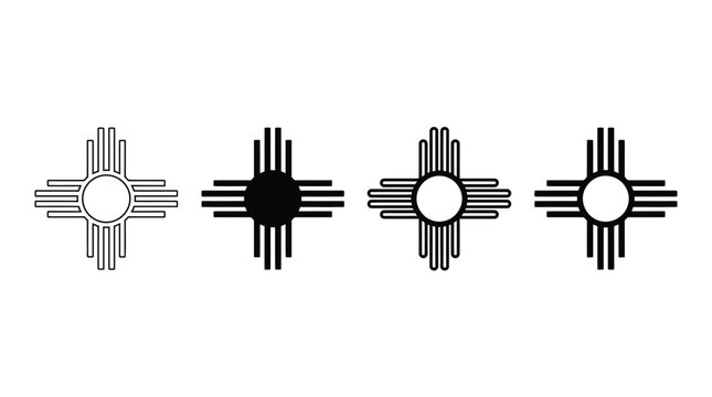 Minimalist Zia sun symbols showcasing distinct black and white graphic lines for diverse creative design projects