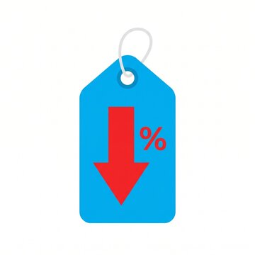 Blue price tag with red down arrow and percentage symbol for discount and sale promotion