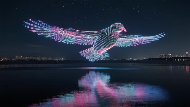 Vibrant illuminated bird flying through night sky with glowing firefly lights magical nature scene