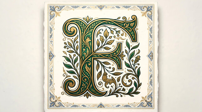 Elegant Ornate Letter F, Gold and Green Floral Design, Illuminated Manuscript Style