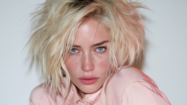Close up portrait of a young woman with messy blonde hair and blue eyes wearing a pink shirt against a plain white background.