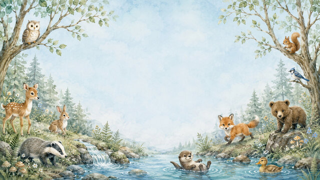 Watercolor Woodland Nursery Animals by Forest Stream with Copy Space