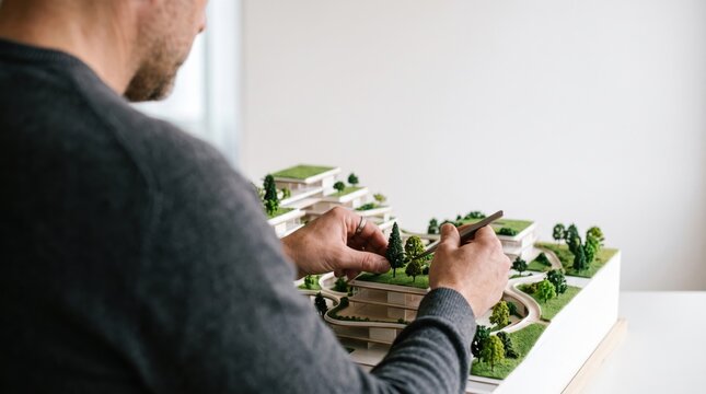 Architect arranging miniature model landscape with trees and buildings, carefully planning modern residential development in bright studio with focused attention