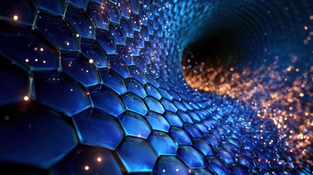 A futuristic tunnel composed of glowing blue hexagonal tiles with bright orange particles swirling inside, creating a dynamic and high-tech visual effect.