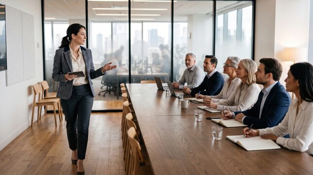 Businesswoman presenting to seated colleagues during modern office meeting, creating attentive professional atmosphere in bright urban workspace with glass walls and city view