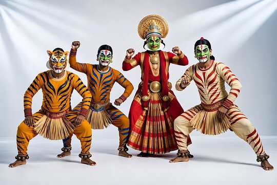 Traditional south asian cultural performers in tiger face paint and ornate stage costumes with traditional art folk performance heritage dance costumed artists puli kali