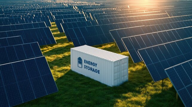 A solar farm with multiple solar panels and a container labeled "Energy Storage" positioned on grassy land during sunset.