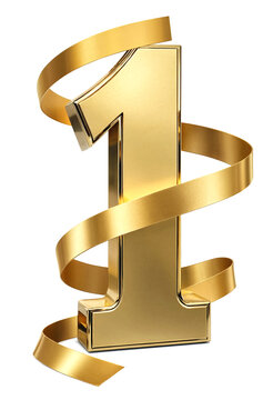 Shiny golden number one with decorative ribbon swirls elegantly wrapped around it