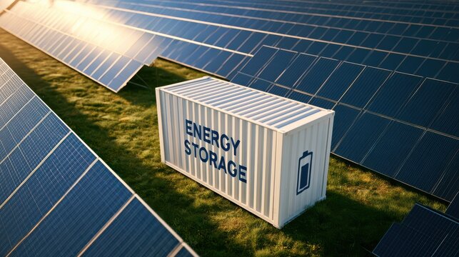 A solar farm with photovoltaic panels surrounds a container labeled "Energy Storage," highlighting renewable energy and battery storage technology.