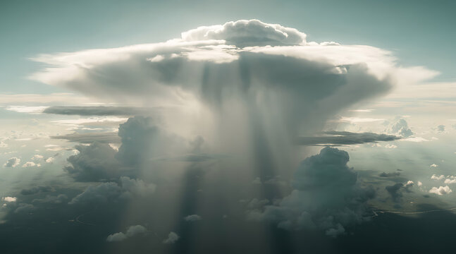 Majestic cumulus cloud with dramatic rain showers and sun rays piercing through the thick cloud cover in a captivating sky scene