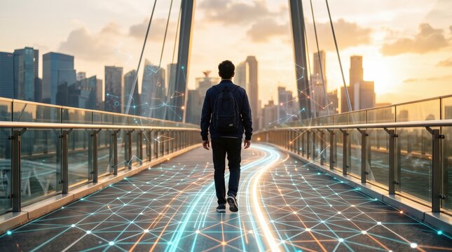 Man walking on futuristic bridge with glowing digital network lines towards modern smart city skyline at sunset, connection, artificial intelligence path, data flow visualization
