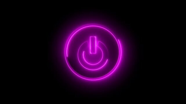 Neon Power button icon animation glowing pink color shutdown switch screen turn on off button computer mobile phone startup stop sign closed icon on black background