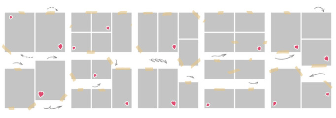Layout gallery set with taped photo grids and heart sticker. Gray rectangles form varied gallery frames with hand drawn arrows. Decorative vector layout for sticker sheet or scrapbook design or promo