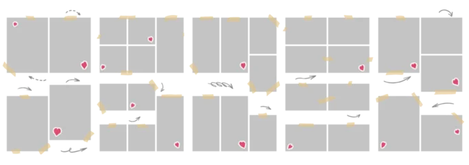 Fotobehang Karaktertjes Layout gallery set with taped photo grids and heart sticker. Gray rectangles form varied gallery frames with hand drawn arrows. Decorative vector layout for sticker sheet or scrapbook design or promo  © Syuzann q