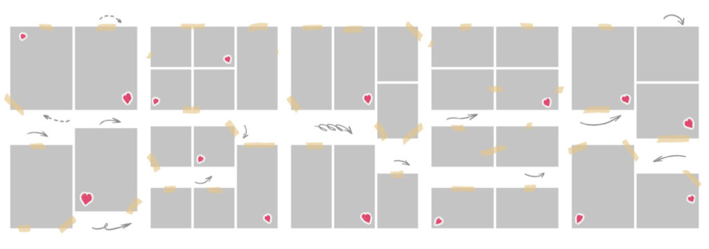Layout gallery set with taped photo grids and heart sticker. Gray rectangles form varied gallery frames with hand drawn arrows. Decorative vector layout for sticker sheet or scrapbook design or promo