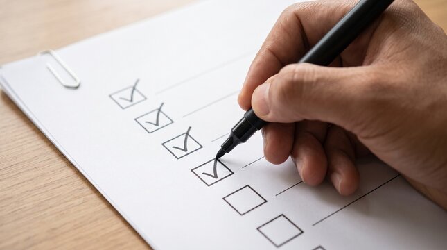 Hand with pen marking check box on checklist document