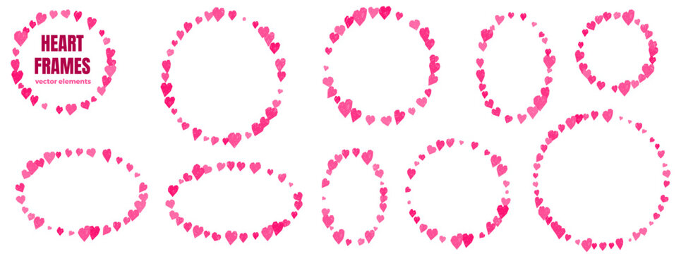 Heart frame set of pink crayon doodles with empty text space. Chalk borders form circle oval and ellipse shapes on white. Handdrawn vector hearts for social media collection or profile photo overlay