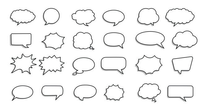 Speech bubble collection outline set vector illustration for comic chat balloons, thought bubbles, conversation clouds, message dialogue frames, and discussion element isolated.