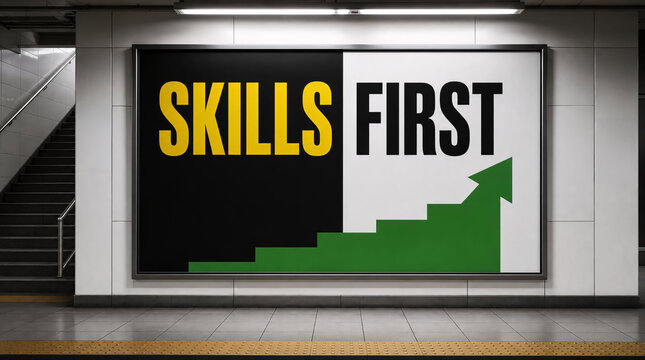 Large horizontal subway station advertisement billboard with "SKILLS FIRST" text and green growth arrow staircase
