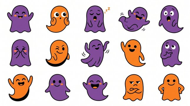 Set of cute cartoon ghost characters with various funny expressions and poses isolated on white background
