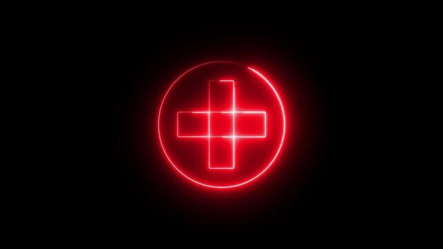 Neon plus sign icon animation glowing red color neon sign positive mathematic accountancy calculating icon sign symbol on black background	