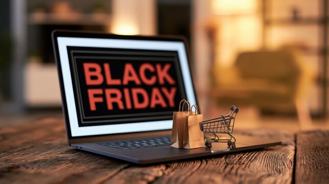 Laptop displaying a black friday sale with a miniature shopping cart and paper bags