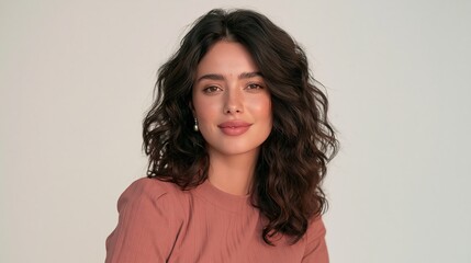 Fototapeta premium Portrait of a smiling woman with curly dark hair wearing a dusty pink top against a plain white background.