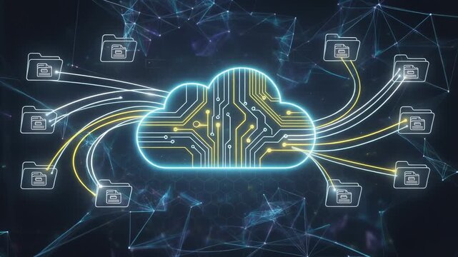 Glowing cloud connecting multiple digital data folders in a dynamic ecosystem visualization