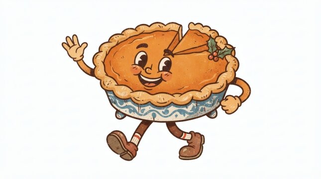 Retro Cartoon Mascot Illustration Walking Pumpkin Pie Character Slice Cut Out Grinning Face Inside

