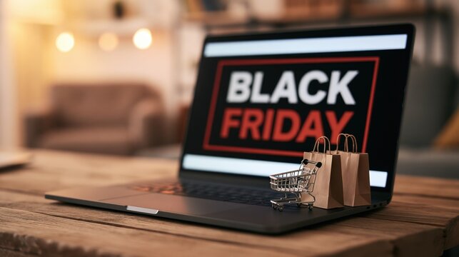 Laptop displaying a black friday sale with a miniature shopping cart and paper bags