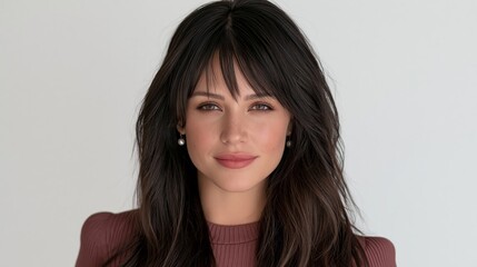 Fototapeta premium Portrait of smiling woman with dark hair and bangs wearing maroon top against plain white background