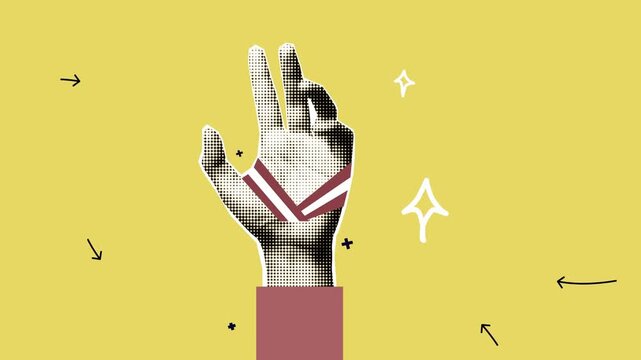 Halftone hands holding first place gold medal. Success, victory. Modern retro motion graphics colorfull.