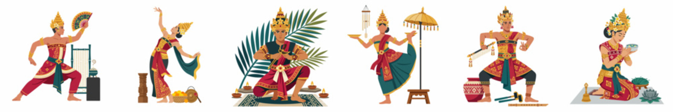 Collection of Traditional Balinese Dancers in Authentic Costumes Performing Cultural Dances with Traditional Props and Musical Instruments on a White Background