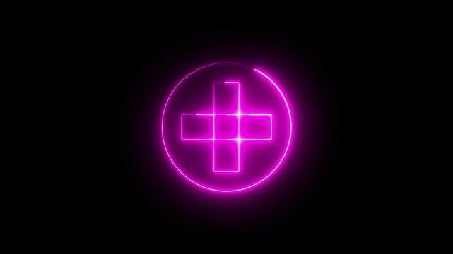 Neon plus sign icon animation glowing pink color neon sign positive mathematic accountancy calculating icon sign symbol on black background	