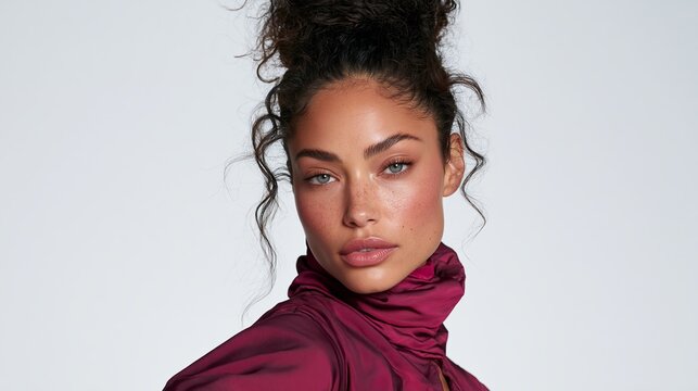 Portrait of a woman with curly hair in a high bun wearing a maroon turtleneck top against a plain white background.