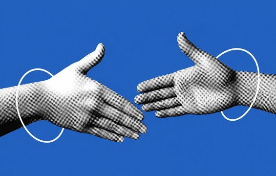 Two hands shaking in a handshake gesture on blue background