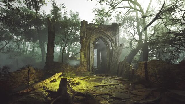 Sunlit mosscovered stone archway in forest, cinematic lighting and drifting mist, overgrown pathway leading toward hidden threshold atmosphere of quiet wonder,