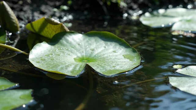 Close Up of Water Lily Leaf Floating on Pond Surface With Water Droplets