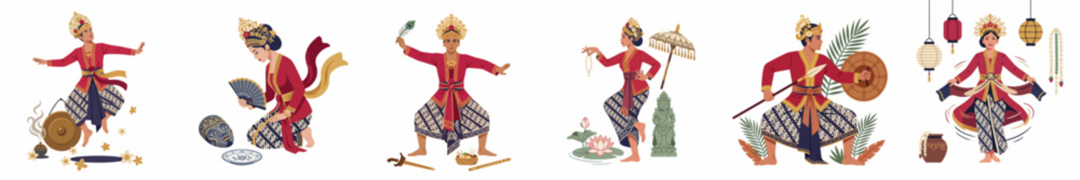 Set of vector illustrations depicting traditional Balinese dancers in various poses and authentic costumes, showcasing Indonesian cultural heritage and performing arts.