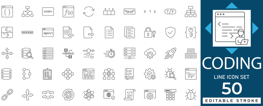 Coding line icon set featuring software development, programming languages, and web engineering symbols. Ideal for news apps, civic websites, and UI design. Fully editable
