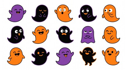 Fototapeta premium Set of cute cartoon ghost characters with various funny facial expressions for halloween holiday celebration